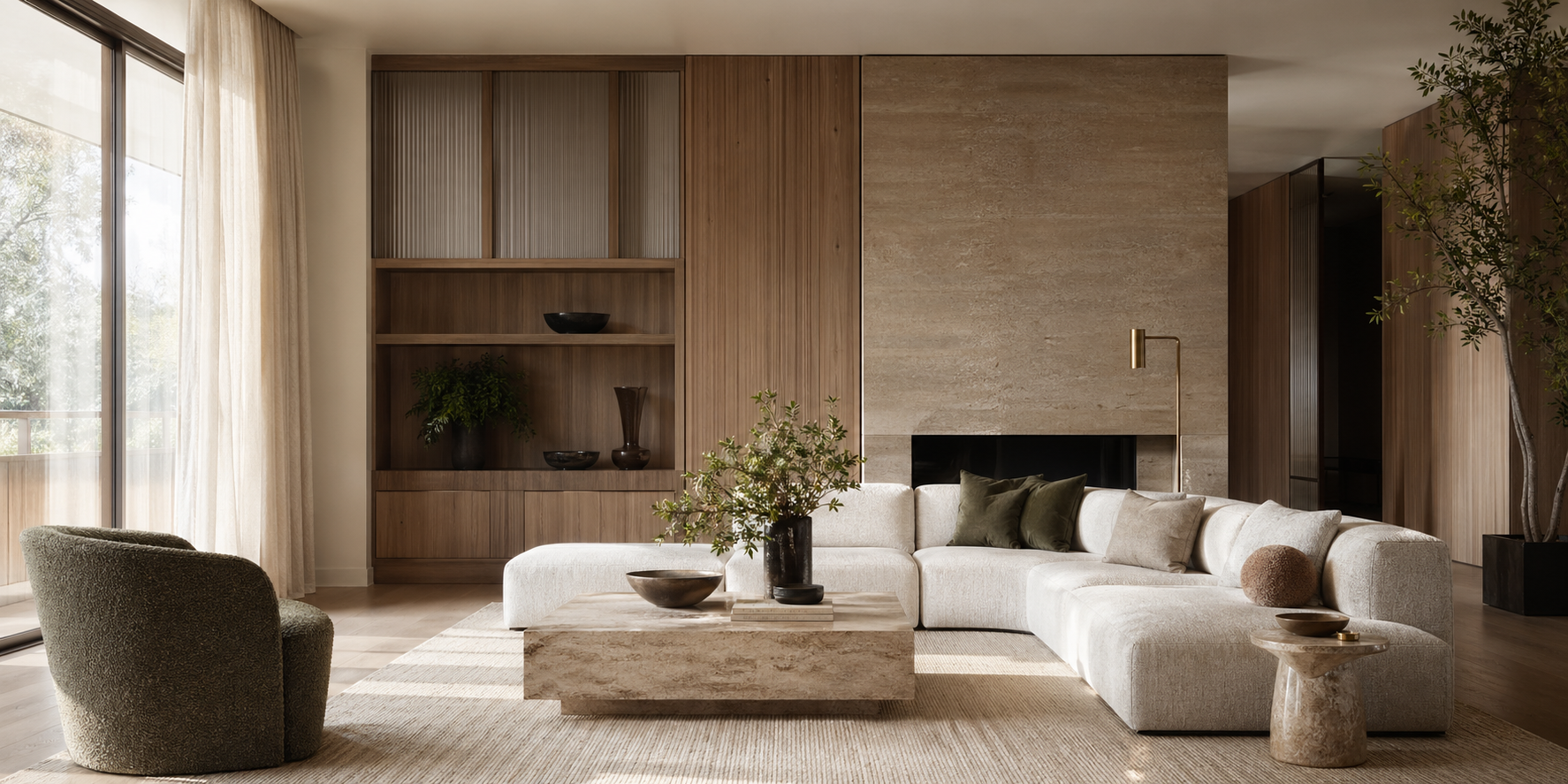 Warm modern living room with sculptural furniture and natural light